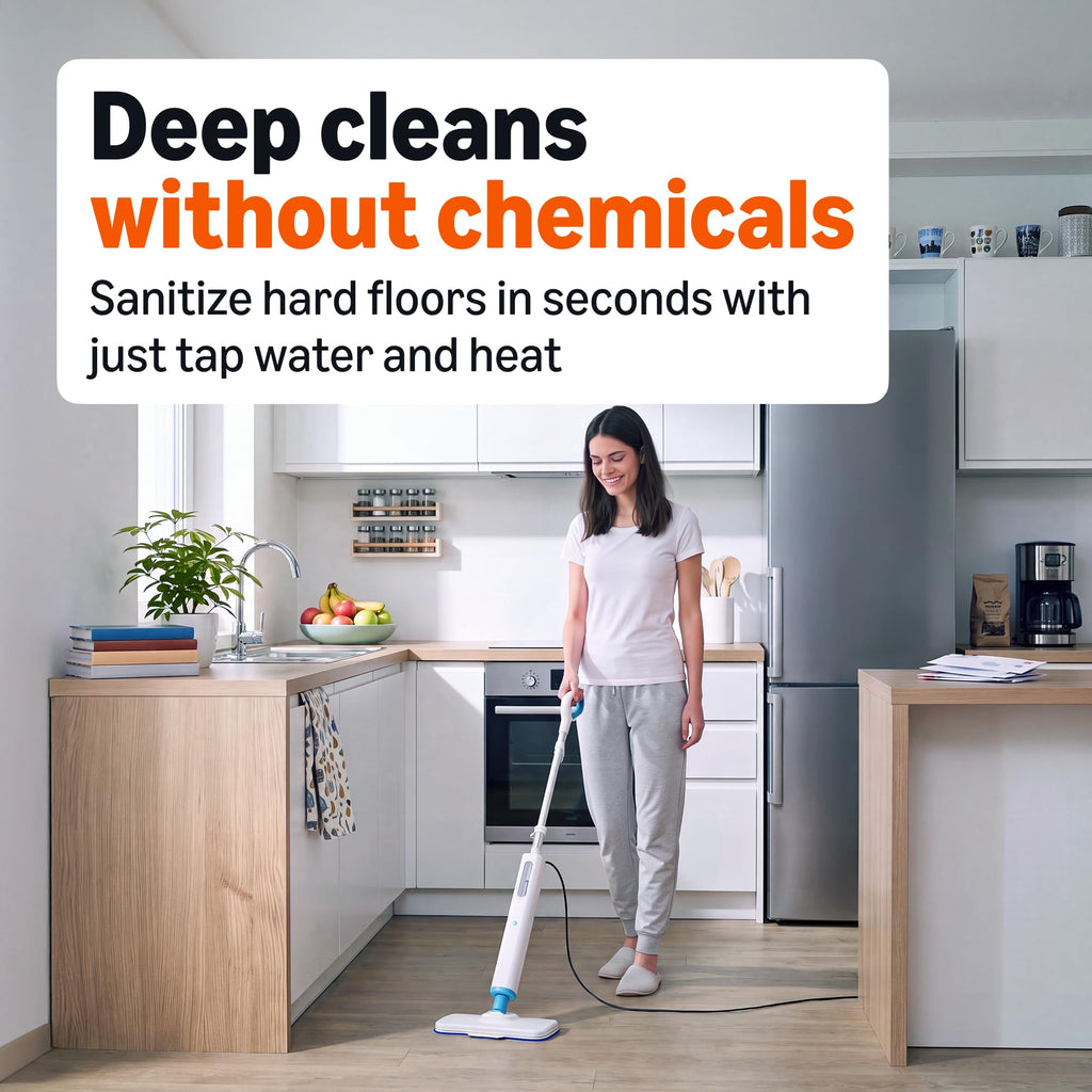 Steam Mop for Sealed Hard Floors, 3 Washable Pads, 20-Foot Cord, White K256664