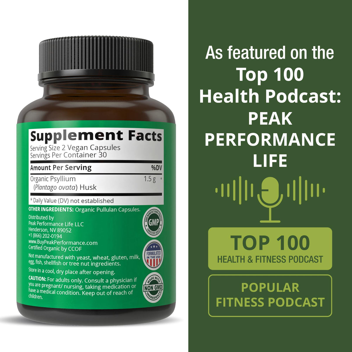 Organic Psyllium Husk Vegan Capsules Fiber Supplement C255