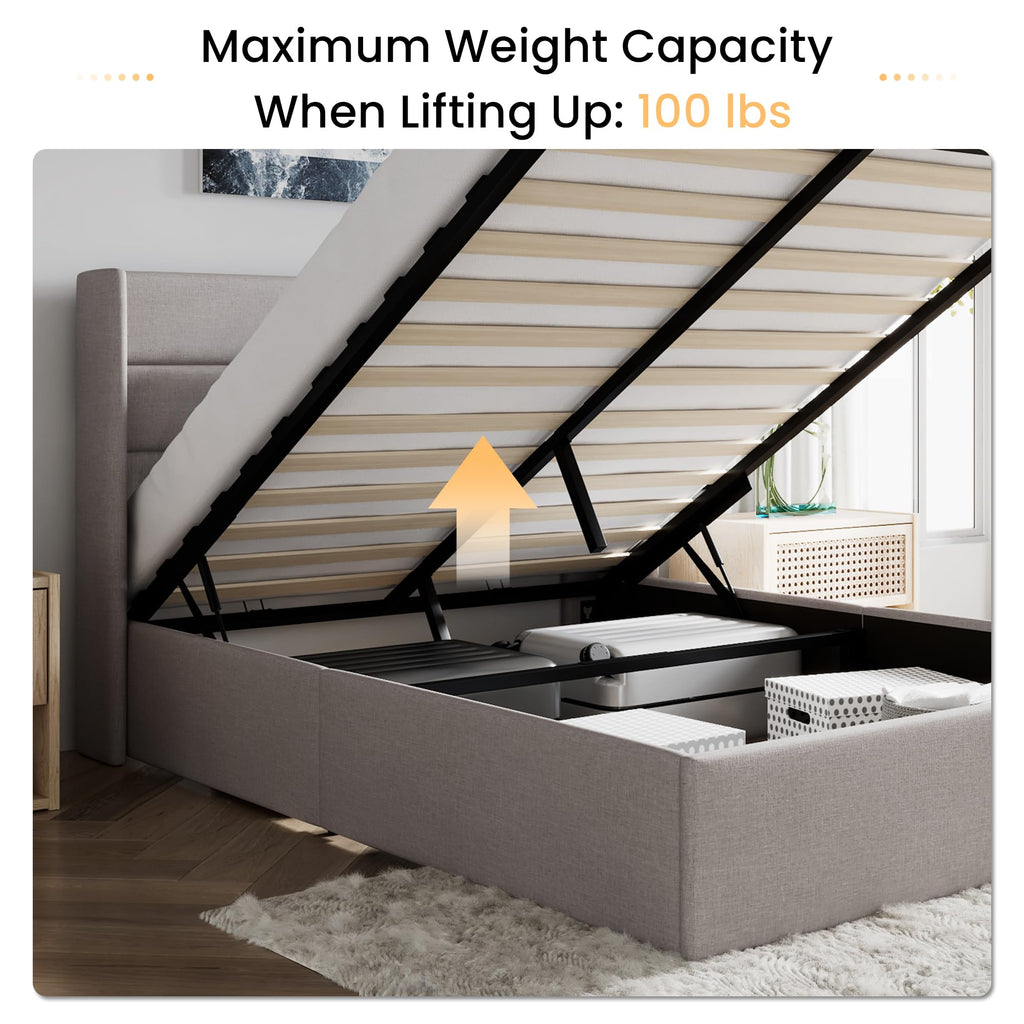 Queen Size Lift Up Hydraulic Storage Bed Frame Light Beige H231