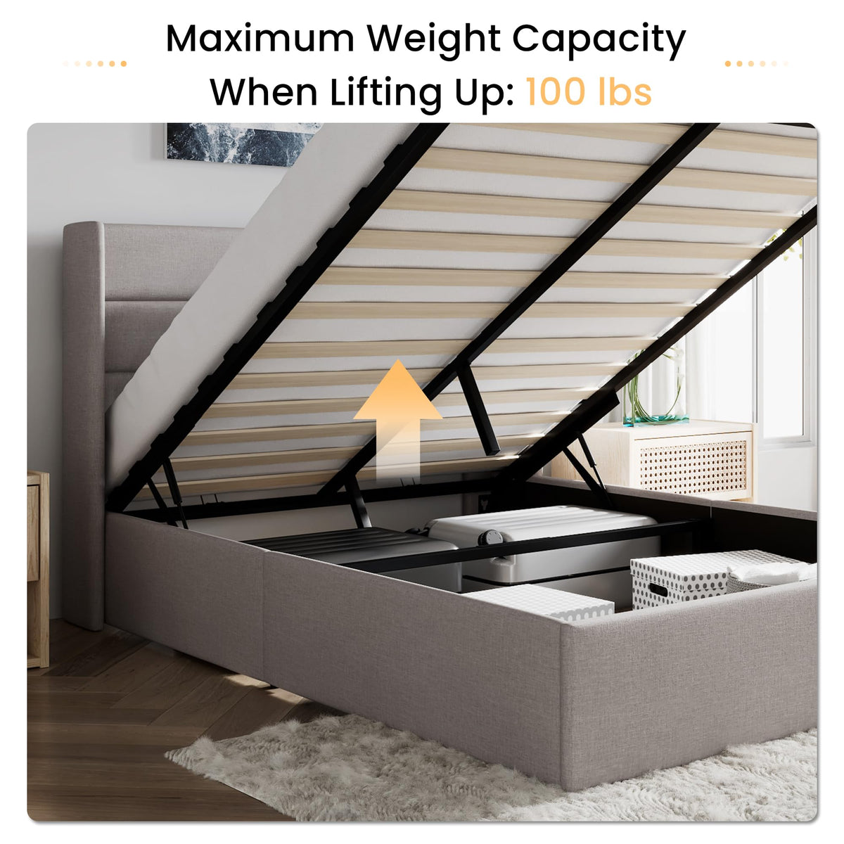 Queen Size Lift Up Hydraulic Storage Bed Frame Light Beige H231