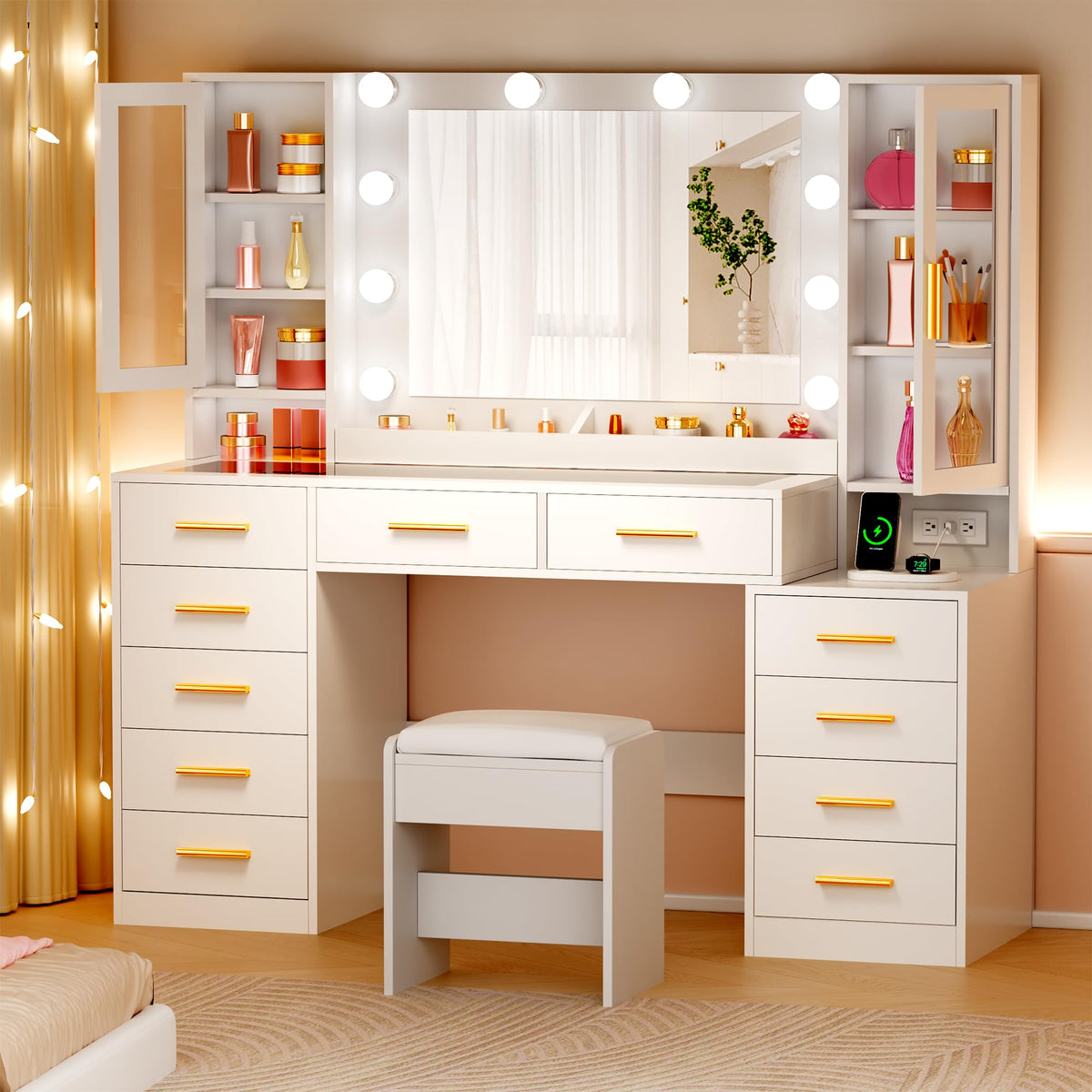 White Glass Top Vanity Desk with Mirror and Lights L604453
