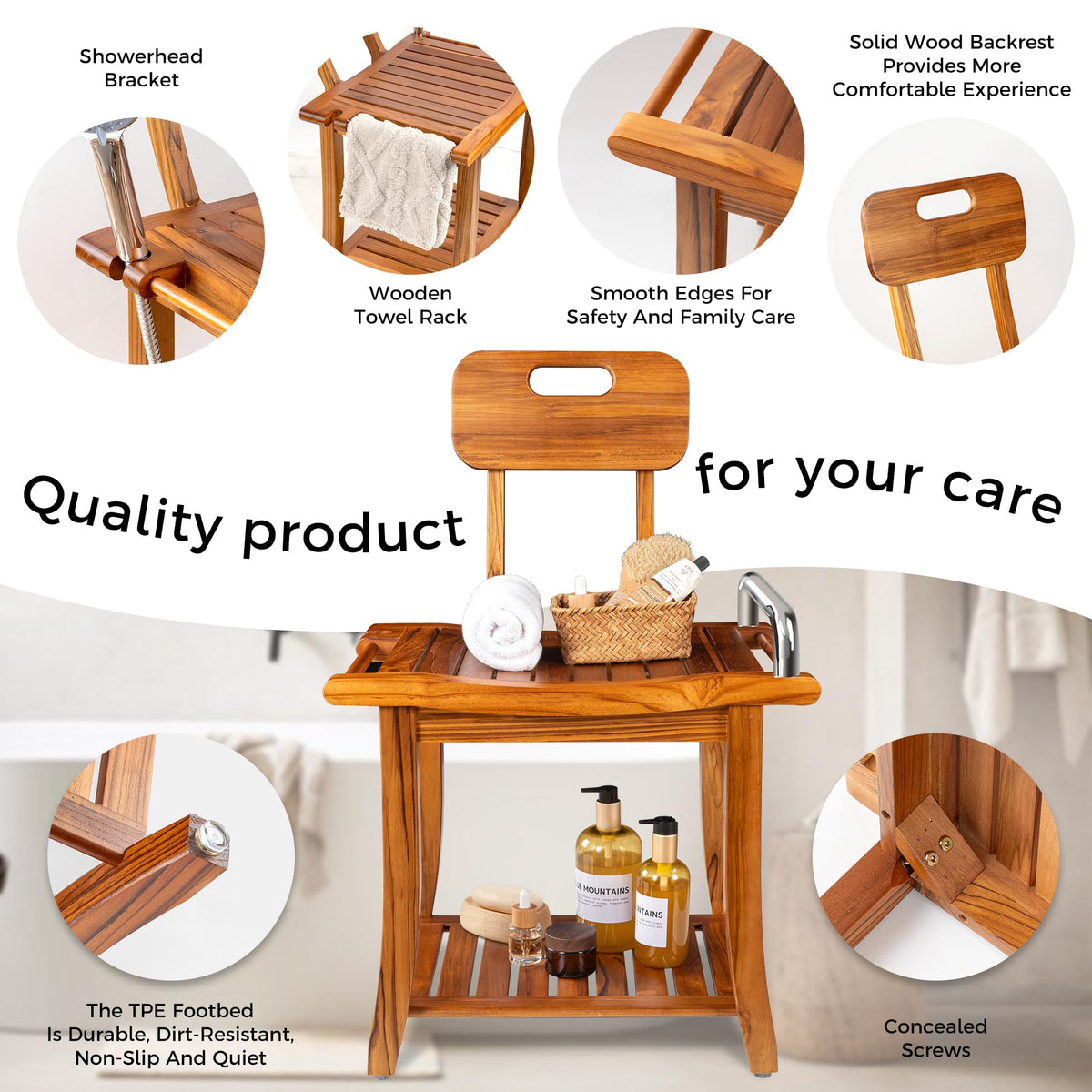 Teak Shower Bench with Handles and Backrest C4552