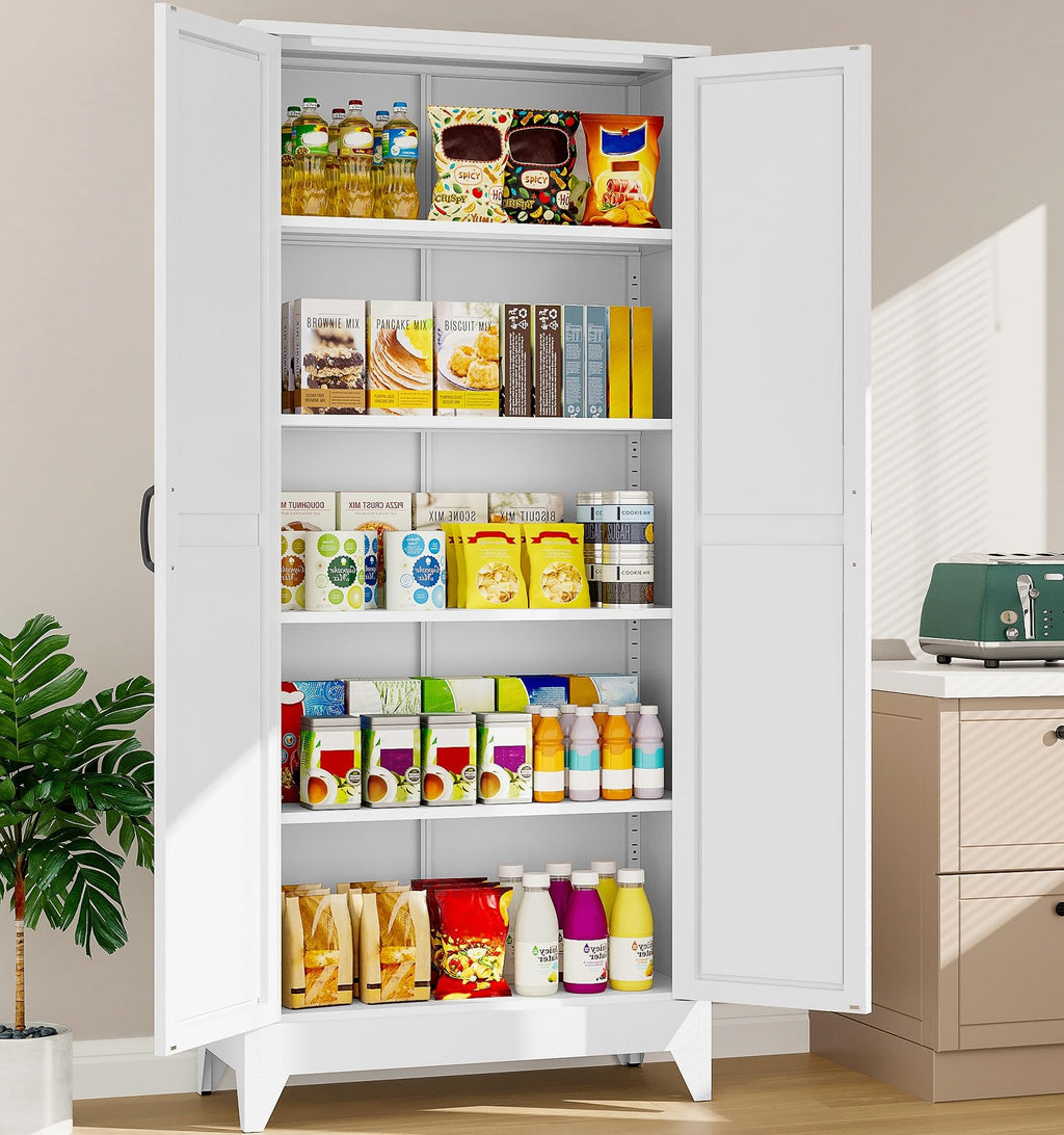 75" Tall White Metal Pantry Cabinet with 2 Doors and 5 Shelves B73112