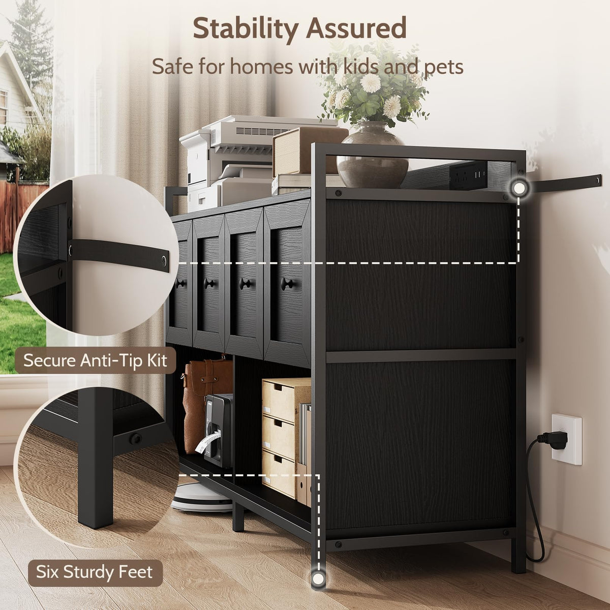 Black 2 Drawer Wood File Cabinet with Power Outlet J748