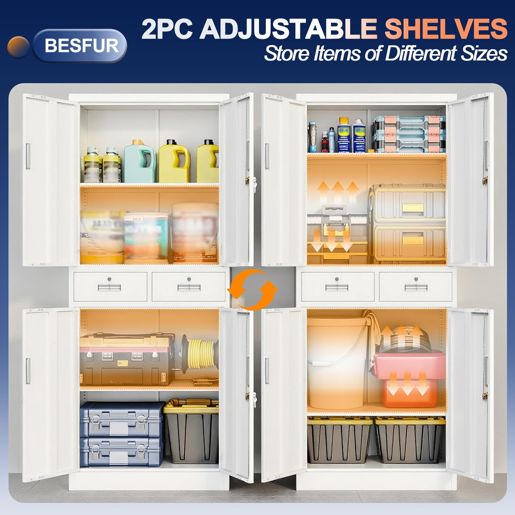 White Metal Storage Cabinet with 2 Drawers 4 Doors and Lock F266