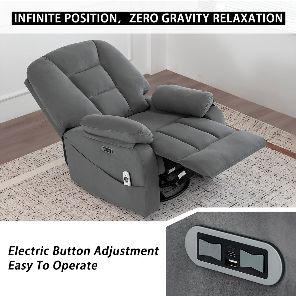 Velvet Grey Power Swivel Rocker Recliner with Massage and Heat W568