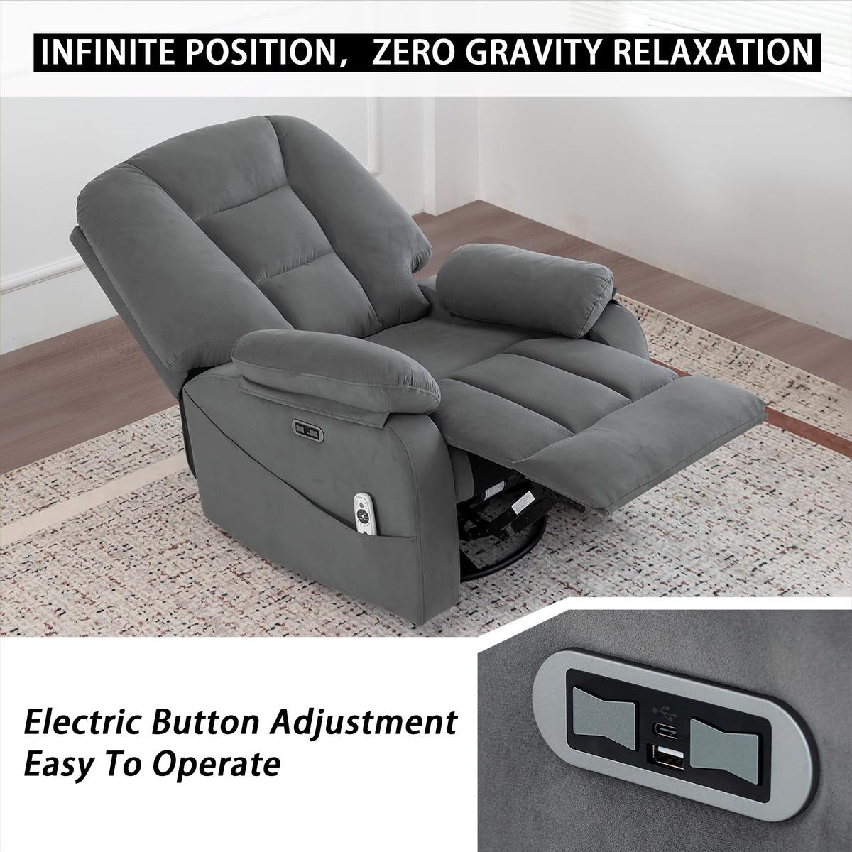 Velvet Grey Power Swivel Rocker Recliner with Massage and Heat W568