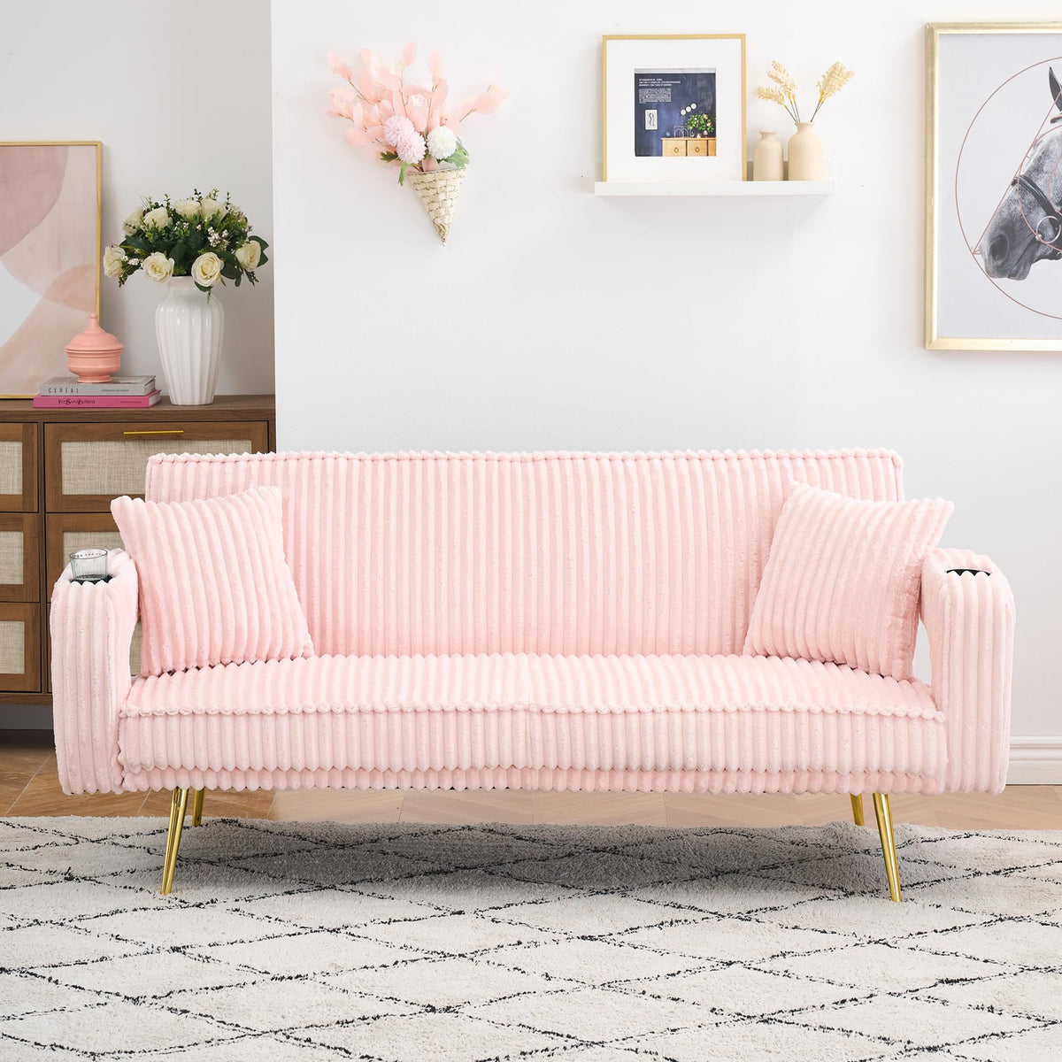 74" Pink Corduroy Convertible Sofa Bed with Cup Holder E184