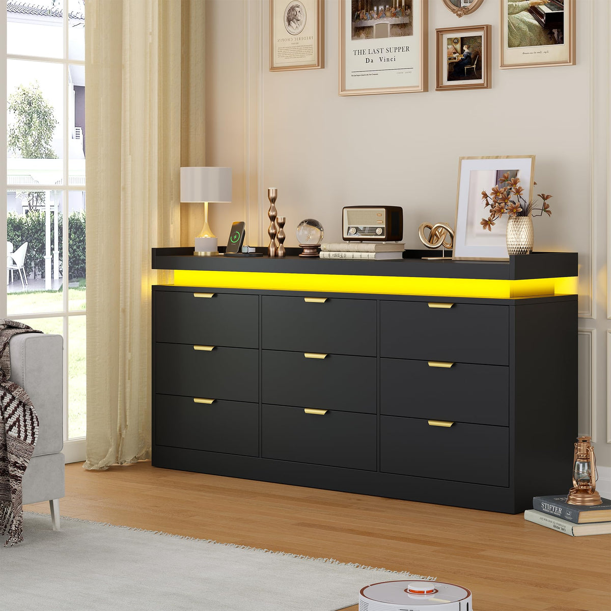 Black 9 Drawer Wood Dresser with LED Lights and Power Outlet E9503