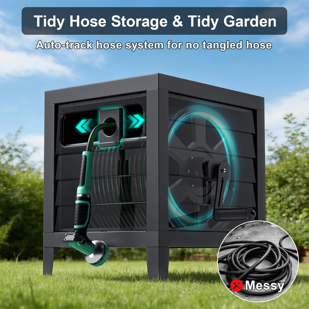 Heavy Duty 150Ft Metal Hose Reel Box with Crank Handle A99394