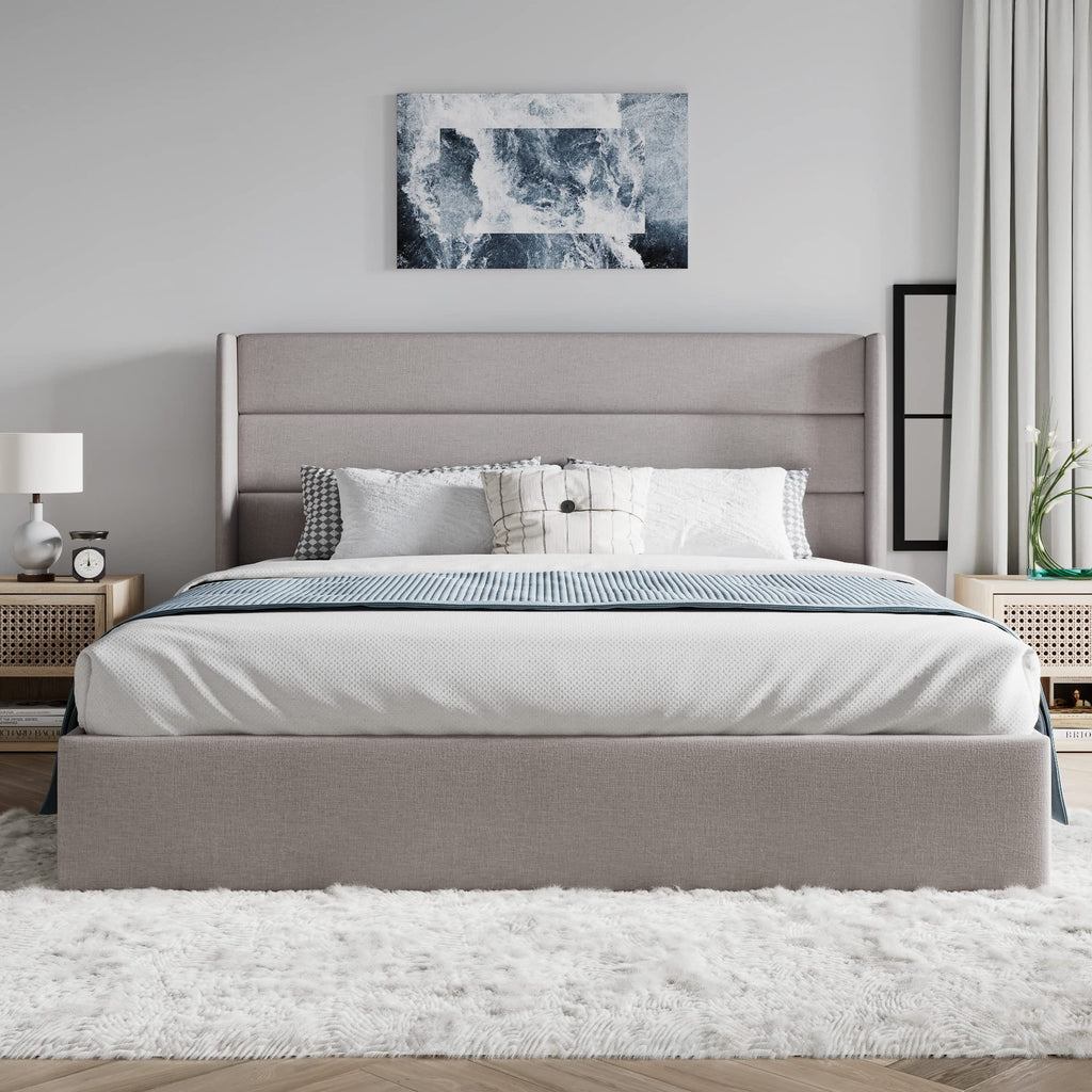 Queen Size Lift Up Hydraulic Storage Bed Frame Light Beige H231