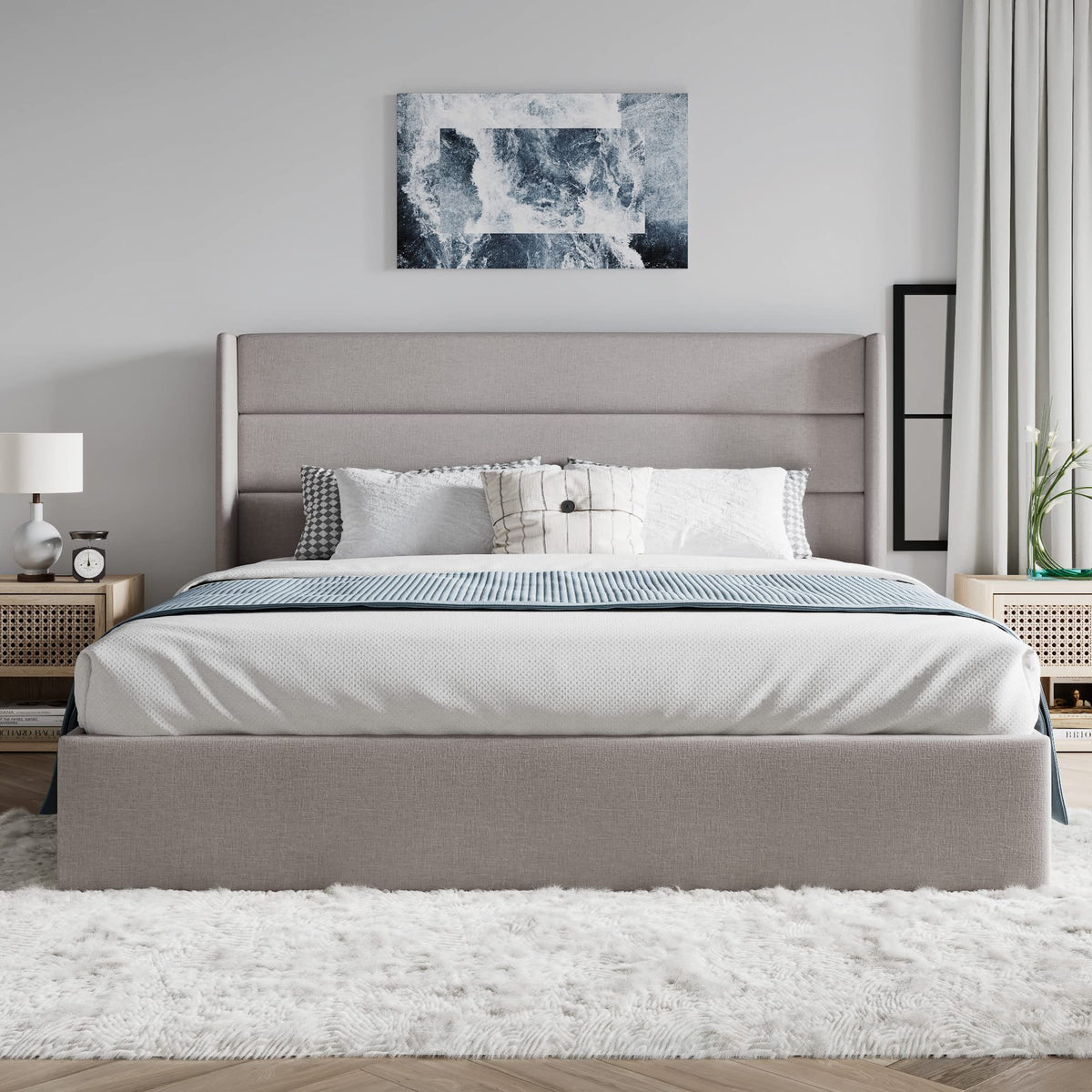 Queen Size Lift Up Hydraulic Storage Bed Frame Light Beige H231