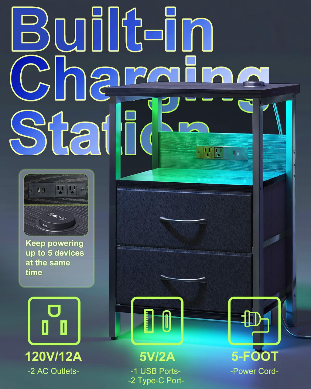 Black Smart Nightstand with Wireless Charging S8016