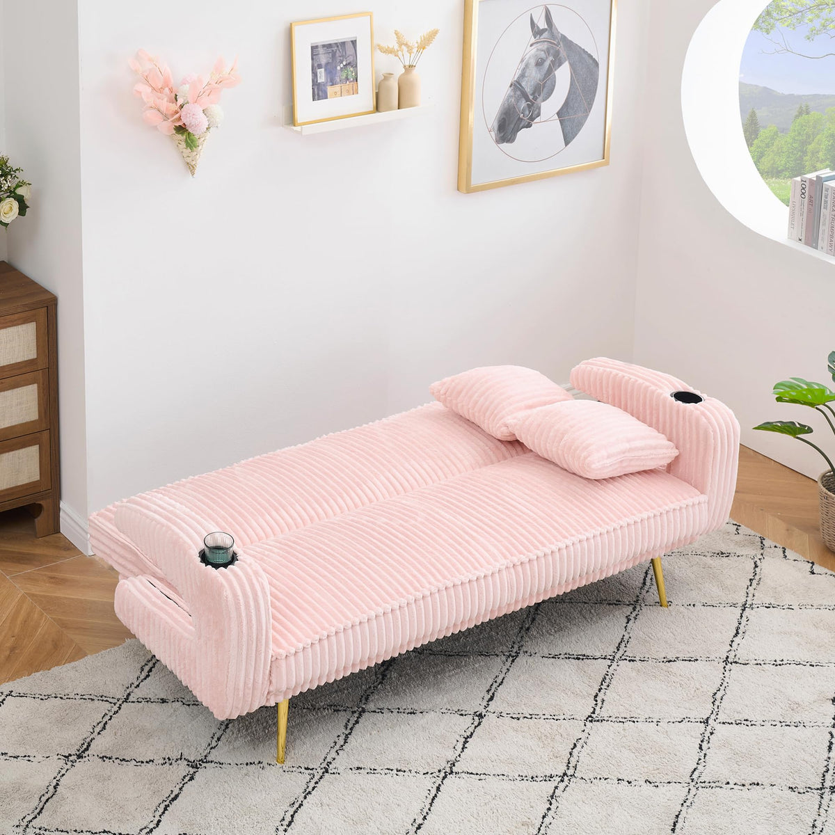 74" Pink Corduroy Convertible Sofa Bed with Cup Holder E184