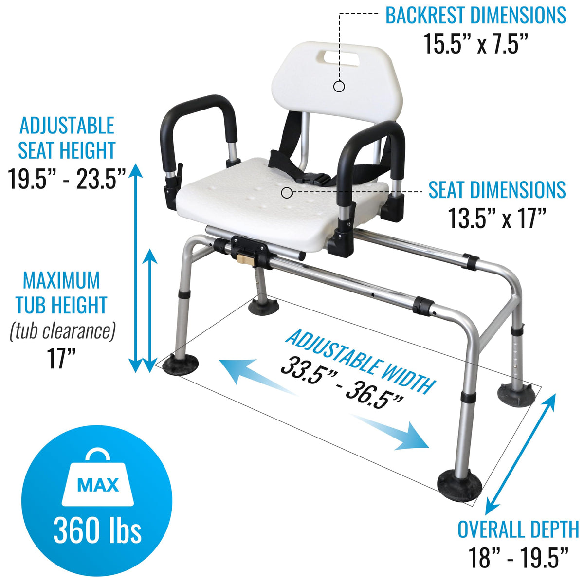 Extra-Wide 360lb Capacity Non-Slip Padded Shower Chair & Transfer Bench M511