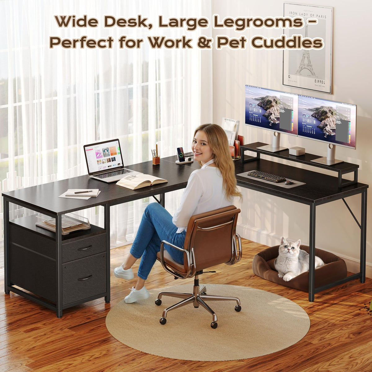 63 Inch L Shaped Desk with Power Outlets and USB-C Port, Black L92152