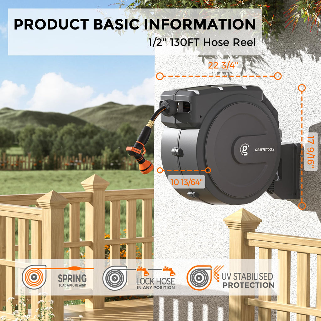 Retractable Garden Hose Reel 1/2" 130FT Wall Mount R841