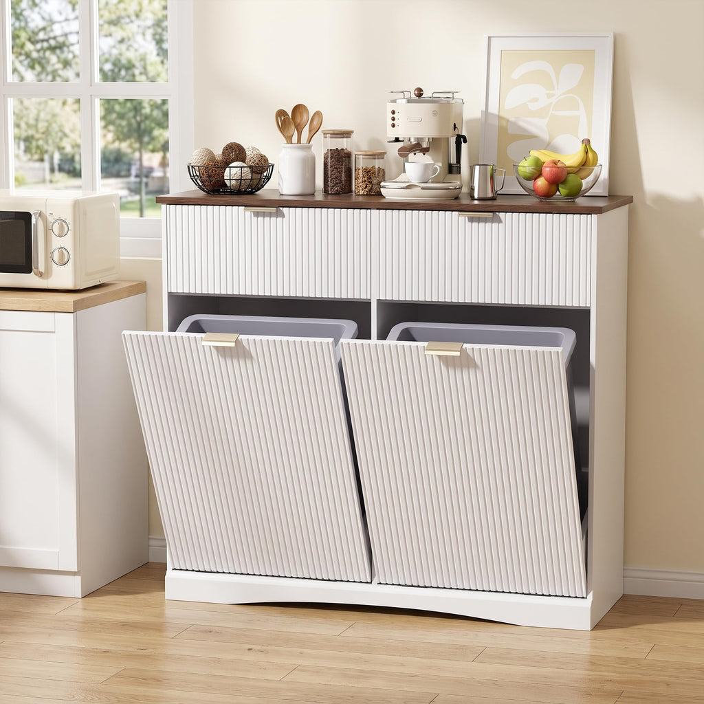 Double Tilt Out Trash Cabinet, 2x10 Gallon Fluted Hidden Laundry Hamper with Drawers, White and Dark Walnut S5731