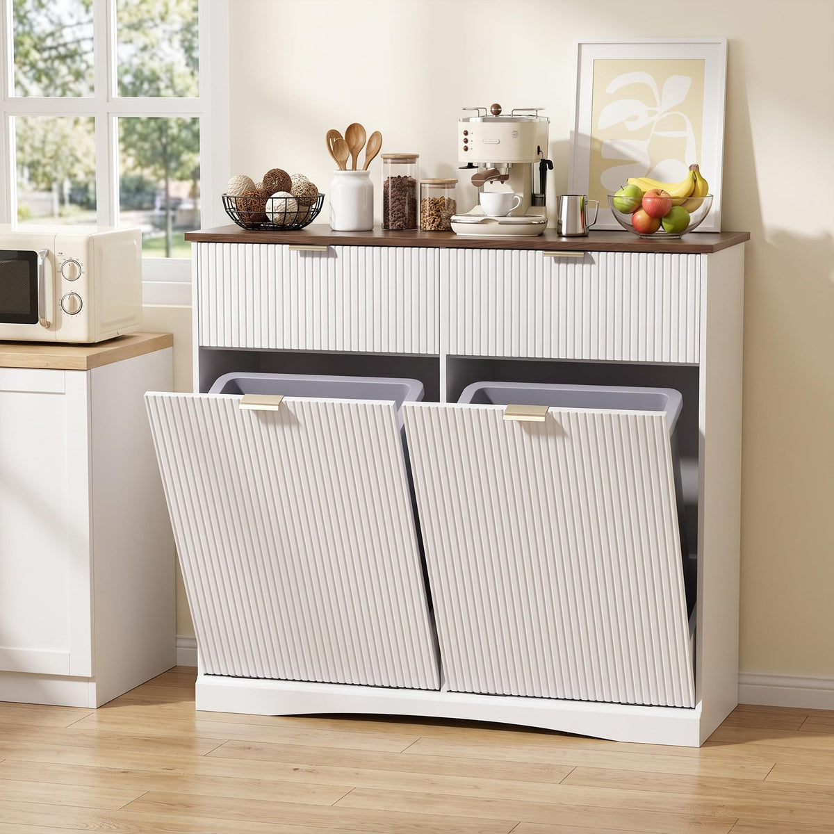 Double Tilt Out Trash Cabinet, 2x10 Gallon Fluted Hidden Laundry Hamper with Drawers, White and Dark Walnut S5731