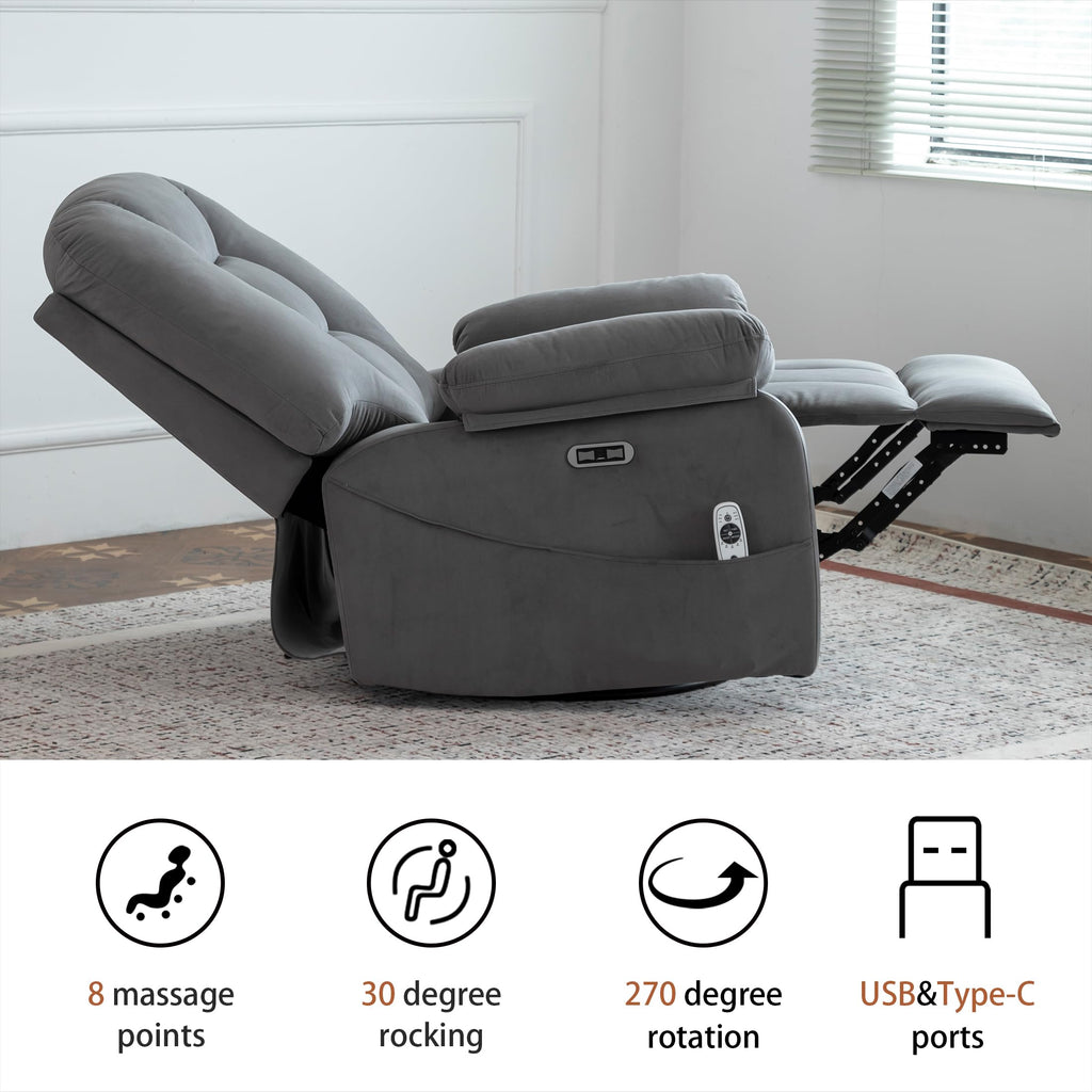 Velvet Grey Power Swivel Rocker Recliner with Massage and Heat W568