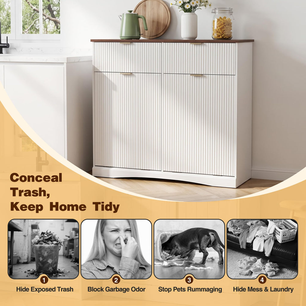 Double Tilt Out Trash Cabinet, 2x10 Gallon Fluted Hidden Laundry Hamper with Drawers, White and Dark Walnut S5731