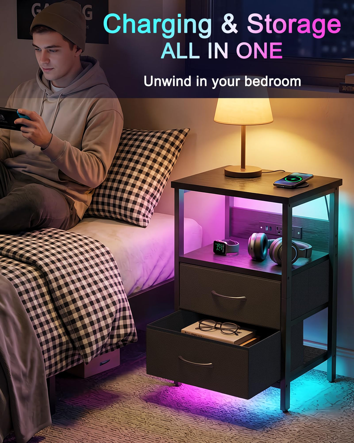 Black Smart Nightstand with Wireless Charging S8016