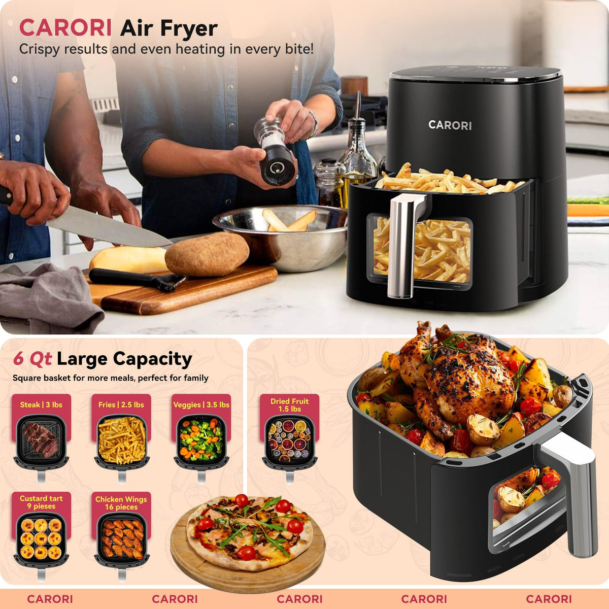 6Qt Air Fryer with Viewing Window, 12 Preset, Nonstick Dishwasher Safe Basket K518