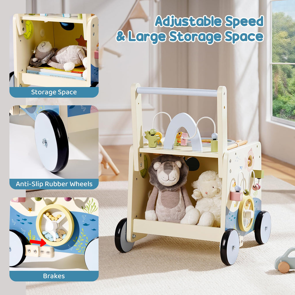 Wooden Baby Walker Push Toy with Fishing Game, Music, Storage W341