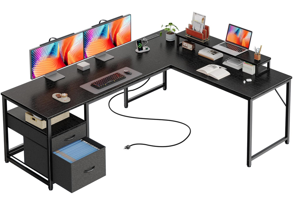 63 Inch L Shaped Desk with Power Outlets and USB-C Port, Black L92152