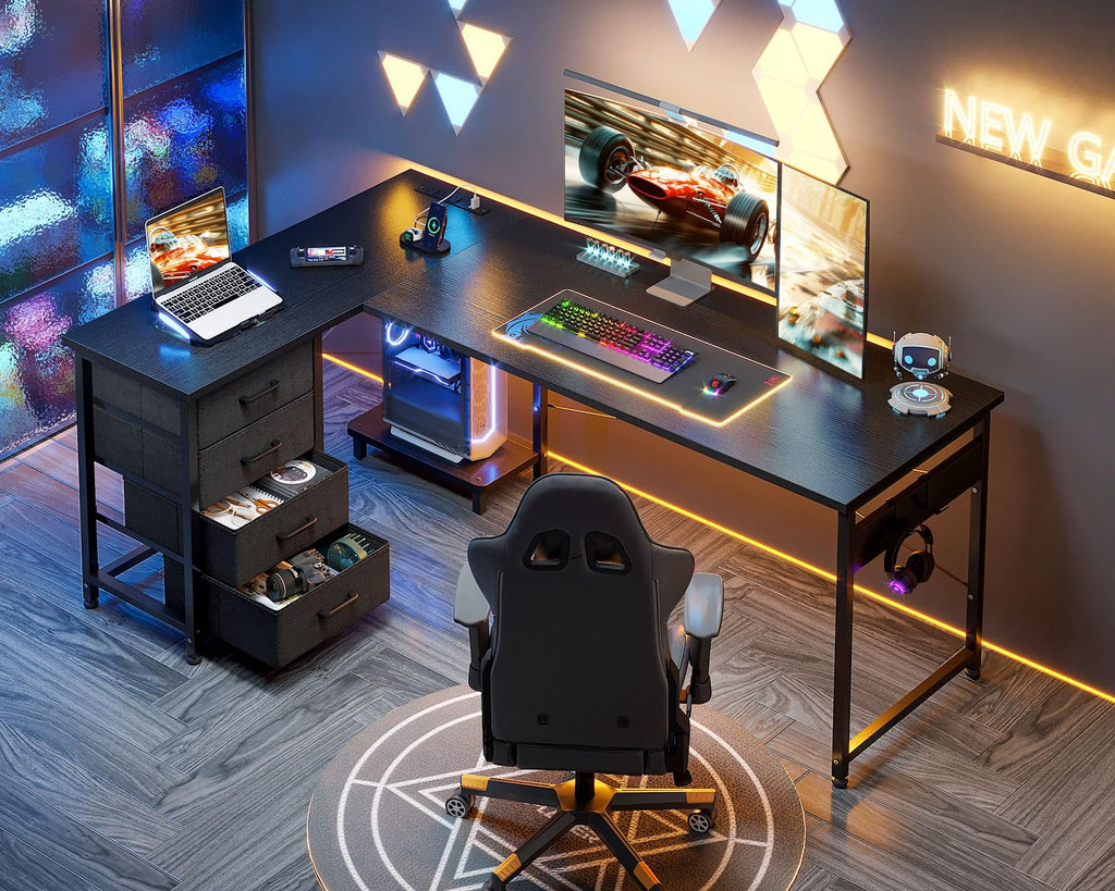 61" L Shaped Gaming Desk with 4 Drawers and Power Outlets, Black K912894