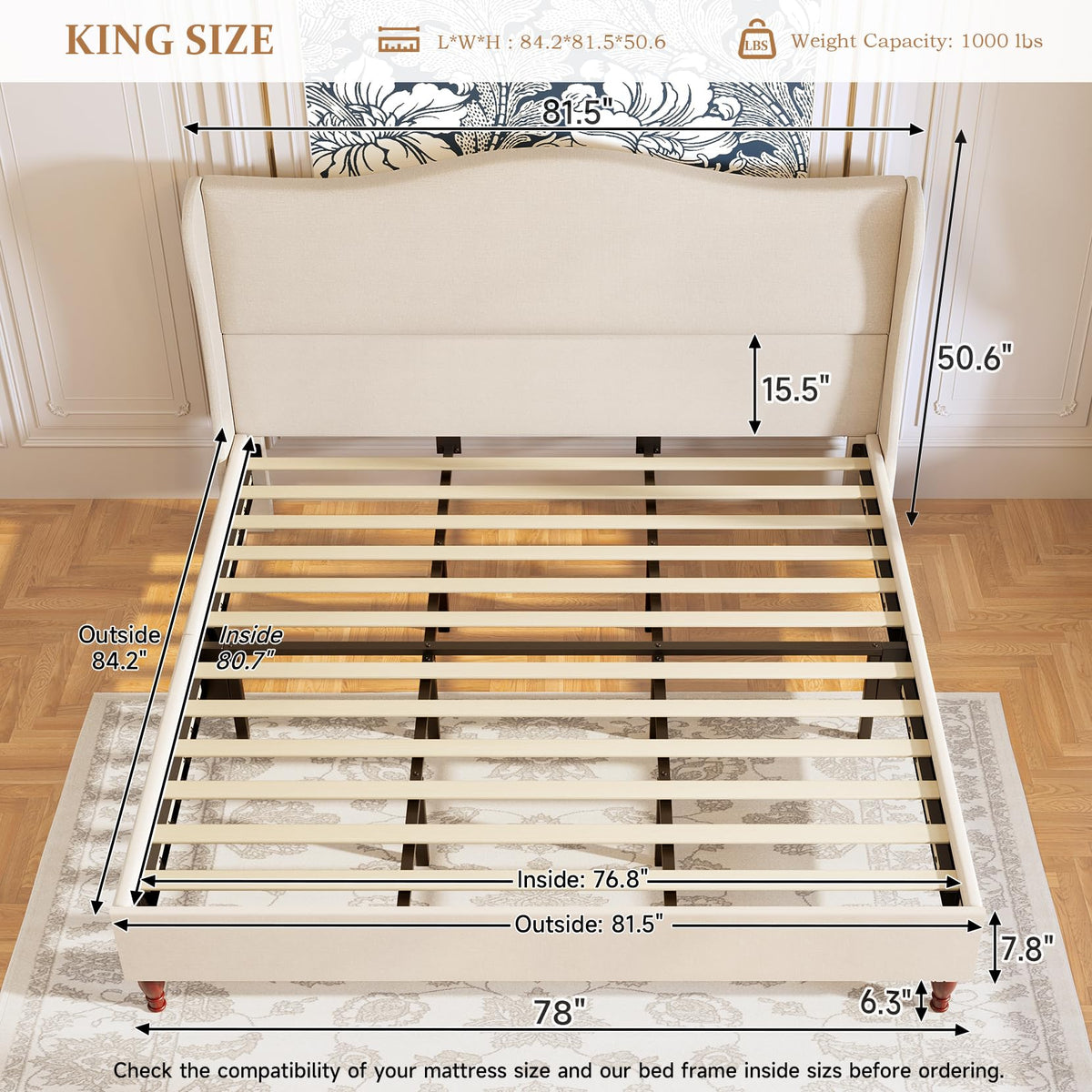 King Size Upholstered Platform Bed with Tall Headboard I11653