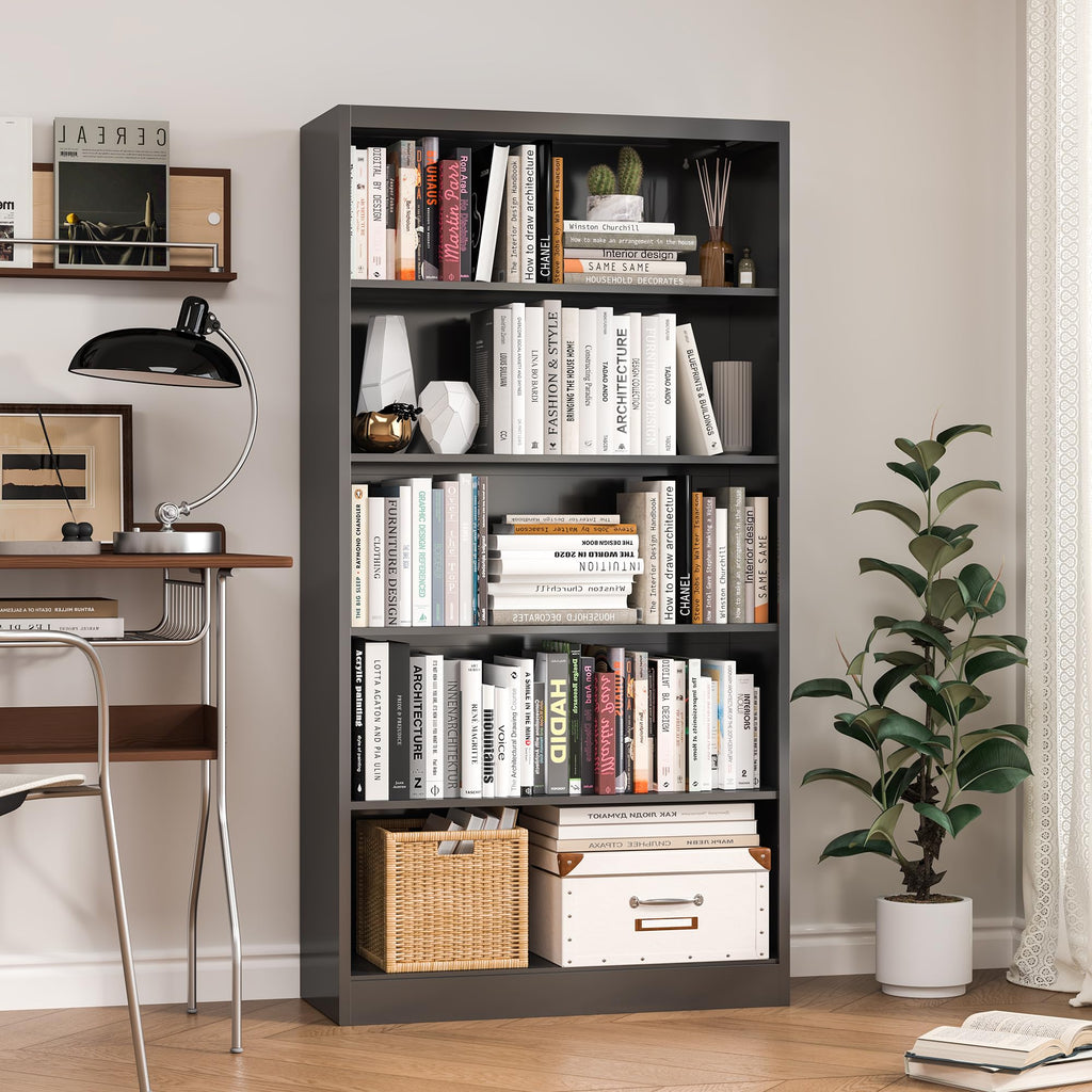 5 Tier Black Metal Bookcase with Adjustable Shelves X631884
