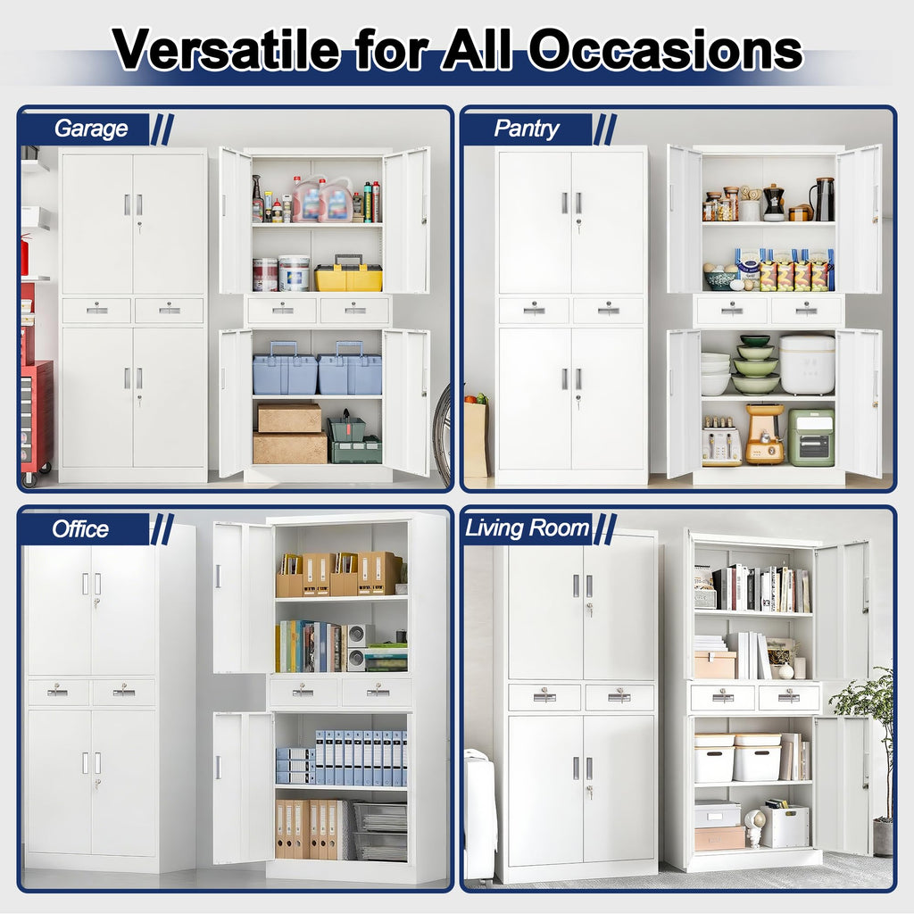 White Metal Storage Cabinet with 2 Drawers 4 Doors and Lock F266