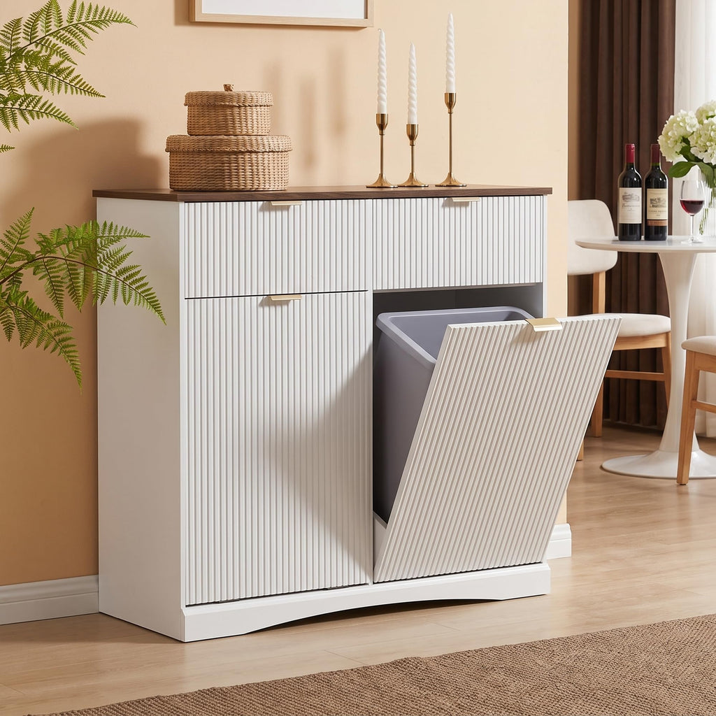 Double Tilt Out Trash Cabinet, 2x10 Gallon Fluted Hidden Laundry Hamper with Drawers, White and Dark Walnut S5731
