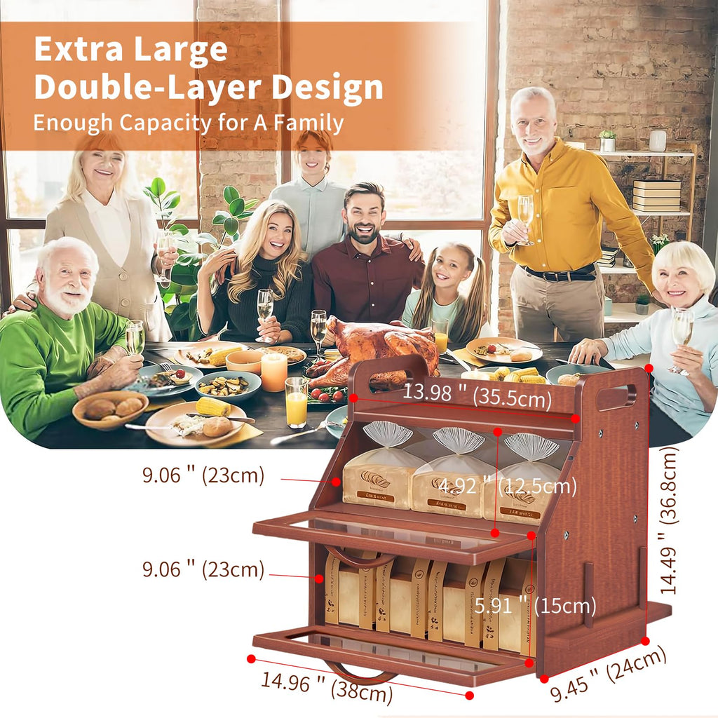 Large Double Layer Bamboo Bread Box with Clear Window B365884