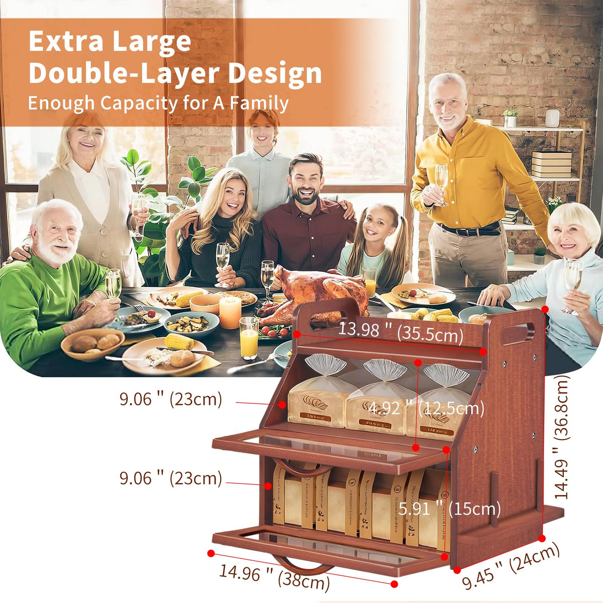Large Double Layer Bamboo Bread Box with Clear Window B365884