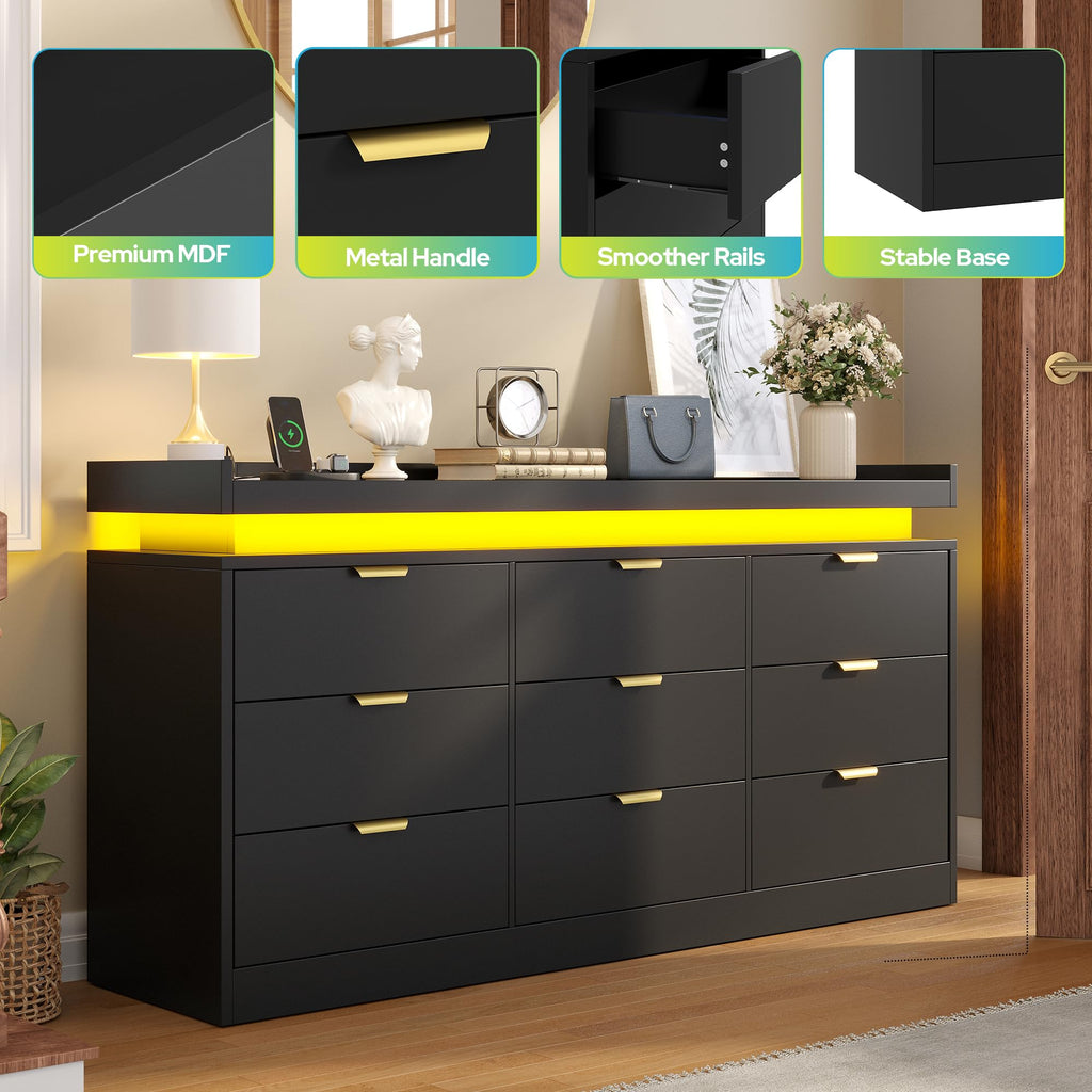 Black 9 Drawer Wood Dresser with LED Lights and Power Outlet E9503