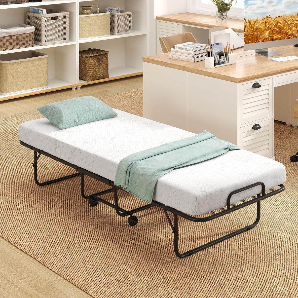 Folding Bed with Mattress, Cot Size Gel Memory Foam Metal Frame R94564