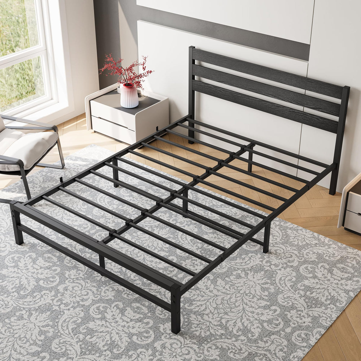 Queen Size Platform Bed Frame with Wood Headboard and Metal Slats, Black V722