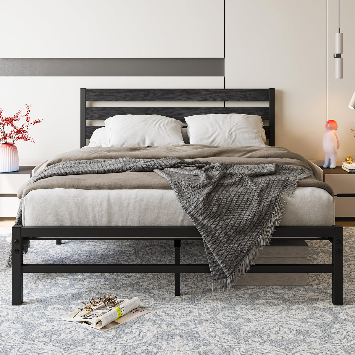 Queen Size Platform Bed Frame with Wood Headboard and Metal Slats, Black V722