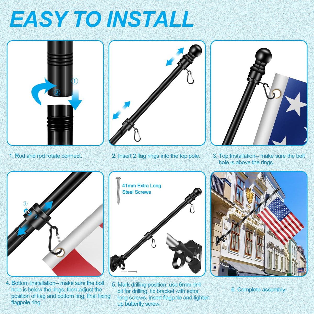 5 FT Stainless Steel Flag Pole Kit with Holder Bracket T1720