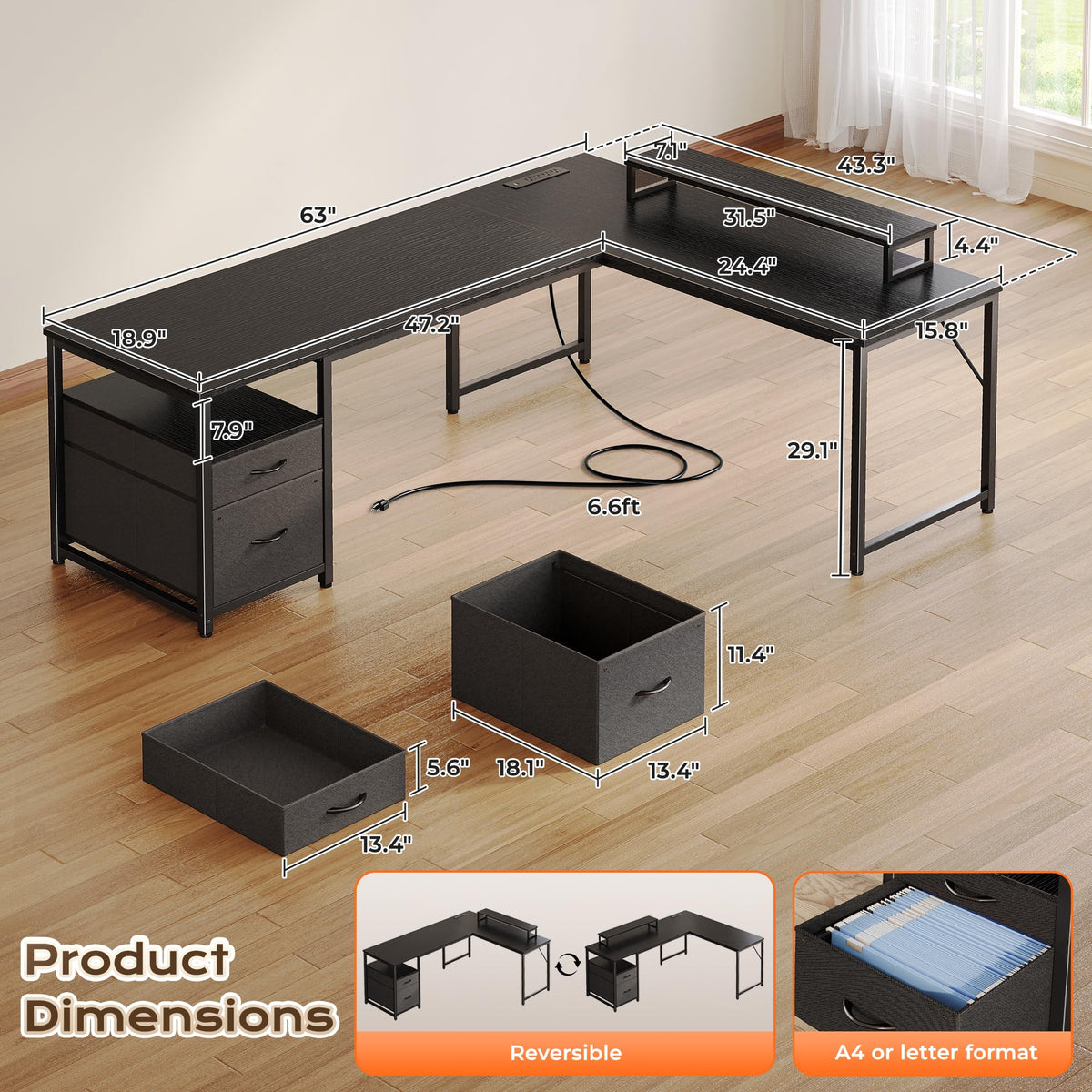 63 Inch L Shaped Desk with Power Outlets and USB-C Port, Black L92152