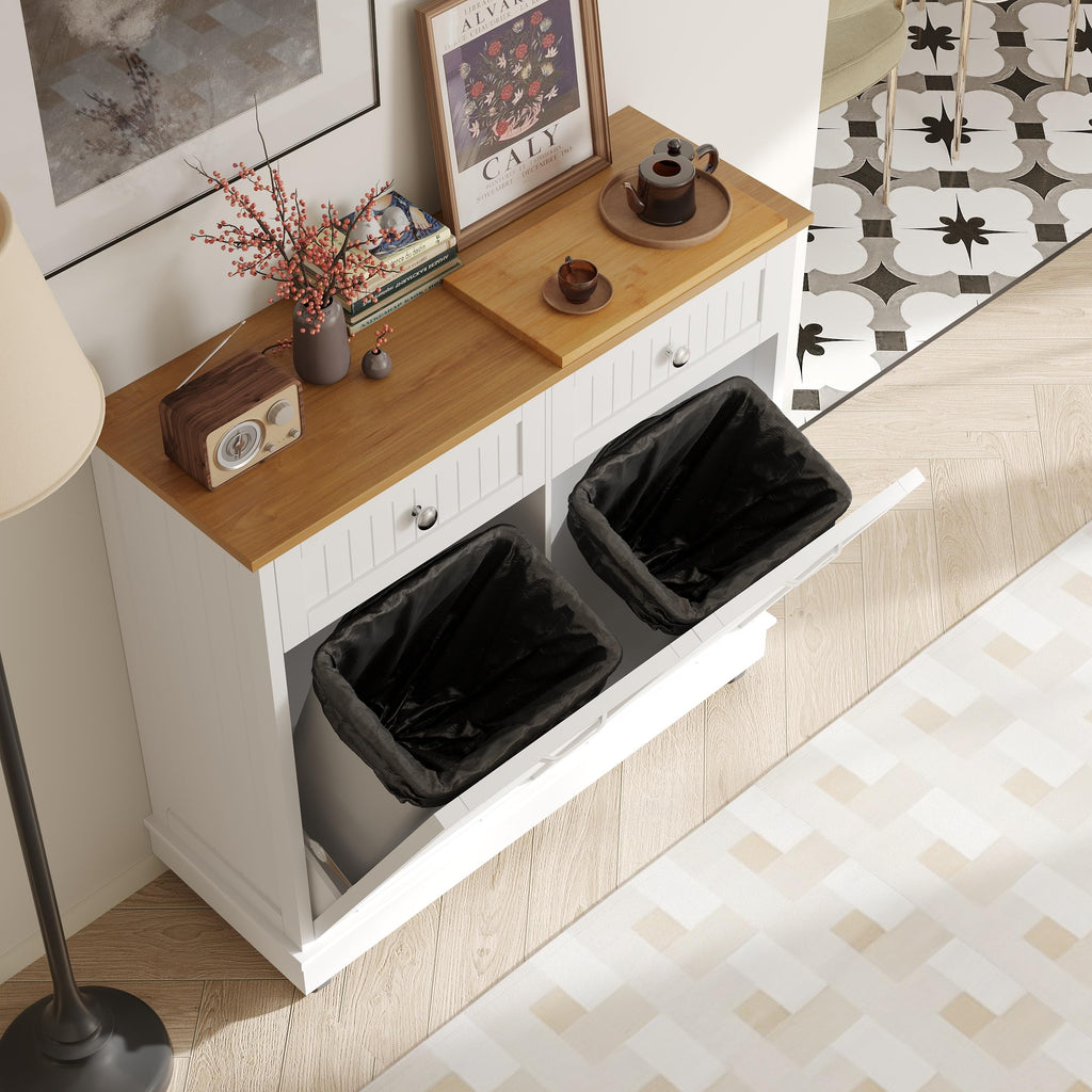 20 Gallon Wooden Tilt-Out Trash Can Cabinet with 2 Drawers, White E767