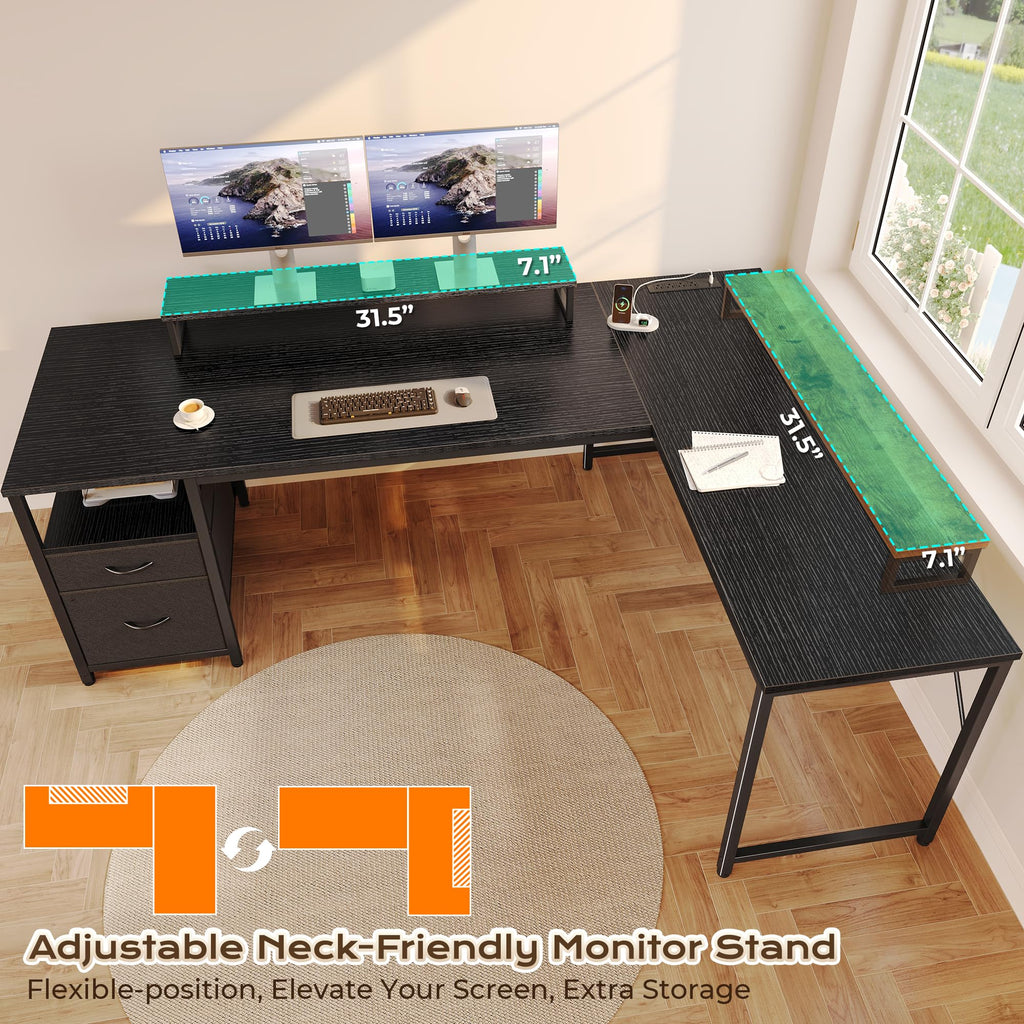 63 Inch L Shaped Desk with Power Outlets and USB-C Port, Black L92152