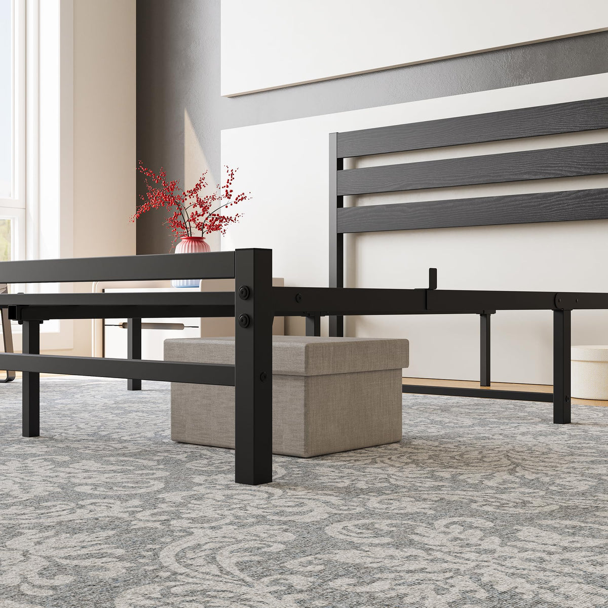 Queen Size Platform Bed Frame with Wood Headboard and Metal Slats, Black V722