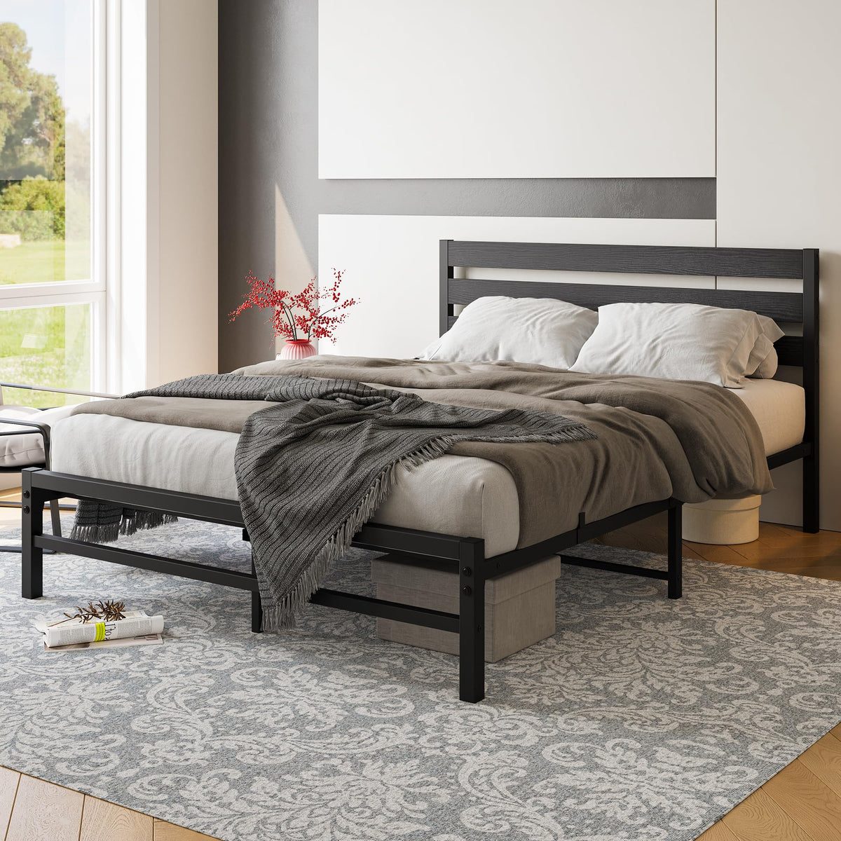 Queen Size Platform Bed Frame with Wood Headboard and Metal Slats, Black V722