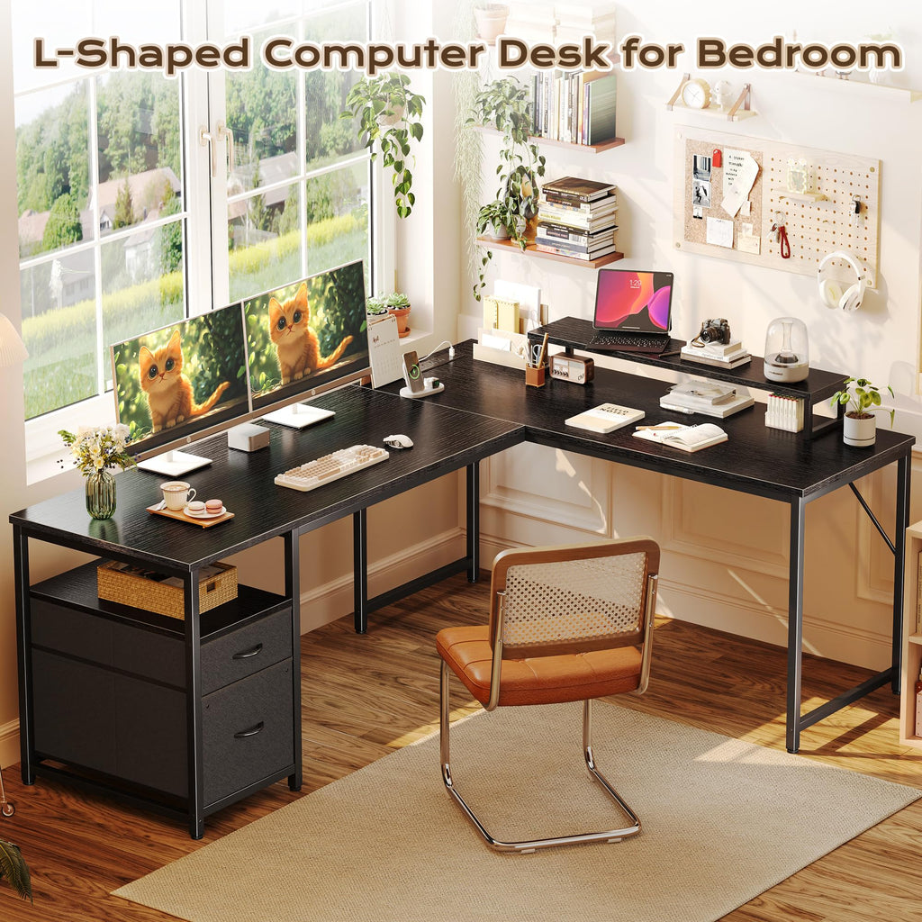 63 Inch L Shaped Desk with Power Outlets and USB-C Port, Black L92152